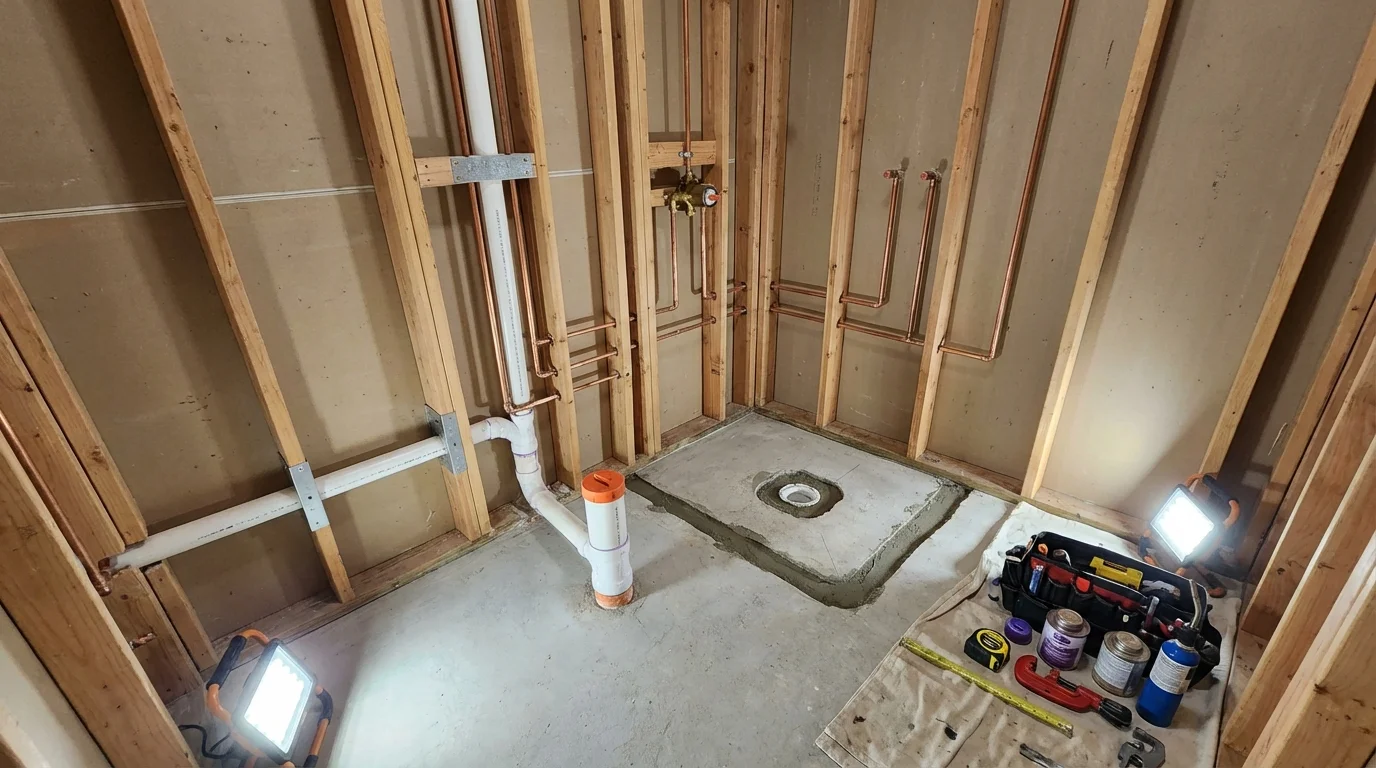 Bathroom rough-in plumbing during remodel by Johns Plumbing LLC in Kemmerer