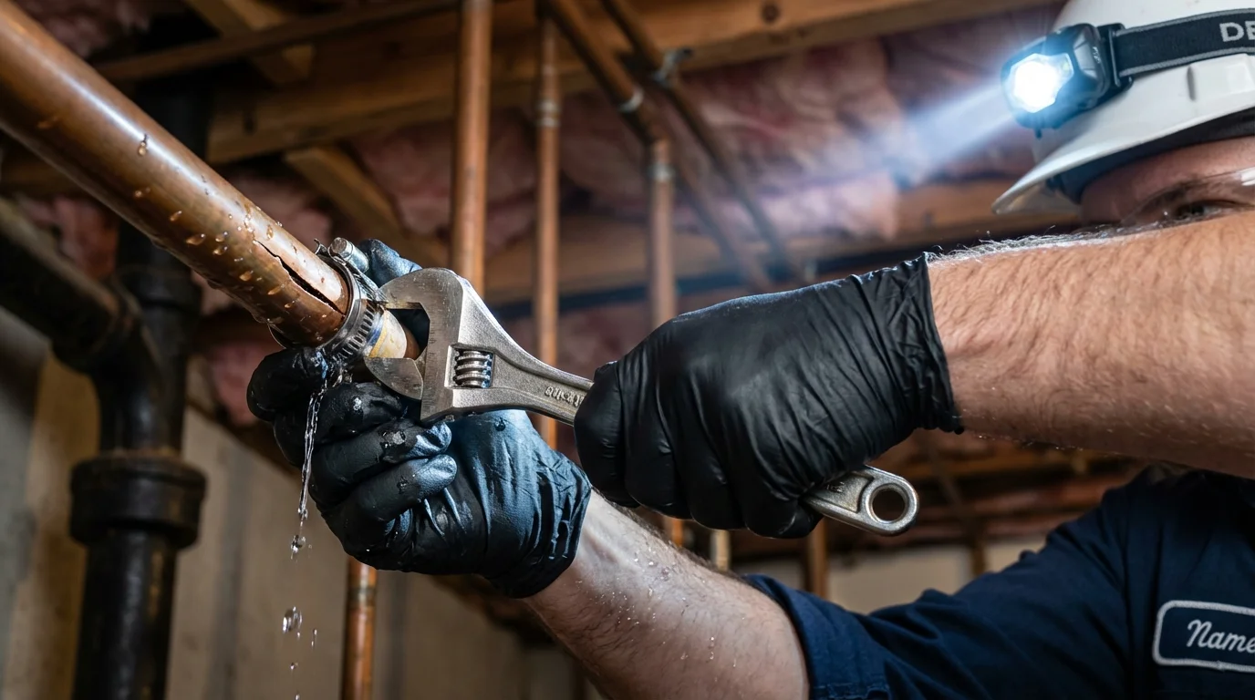 Emergency pipe clamp repair being performed by a Johns Plumbing LLC plumber in Kemmerer