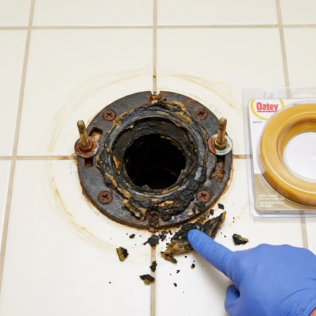 Failed wax ring showing water seepage at the base of a toilet in a Kemmerer, WY home