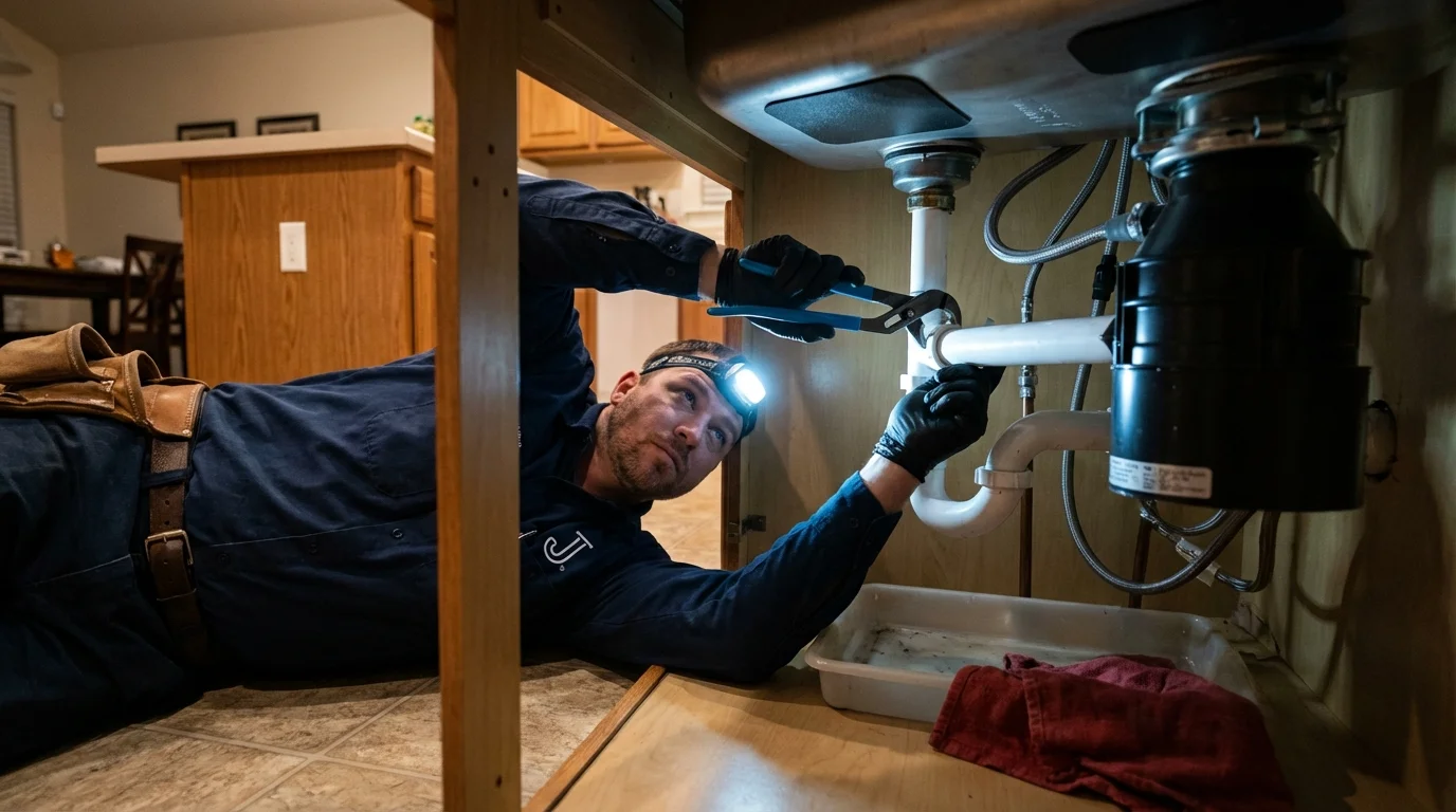 P-trap and supply line connections under a kitchen sink showing a common leak point in Kemmerer, WY